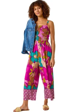 Roman Purple Floral Border Ruched Jumpsuit
