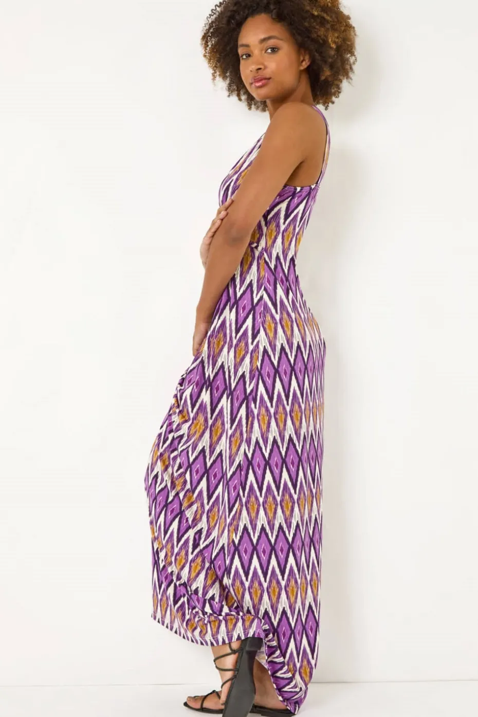 Roman Purple Geometric V-Neck Maxi Dress