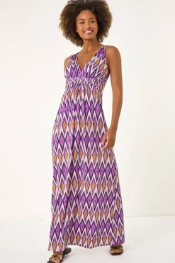 Roman Purple Geometric V-Neck Maxi Dress