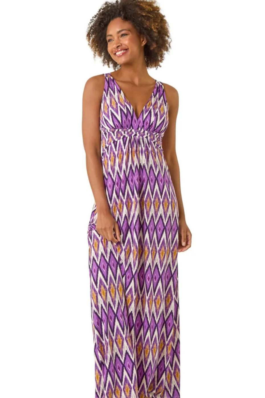 Roman Purple Geometric V-Neck Maxi Dress