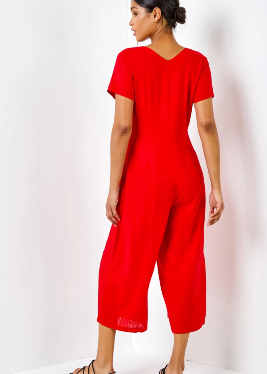 Roman Red Cotton Blend Culotte Jumpsuit