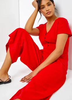 Roman Red Cotton Blend Culotte Jumpsuit