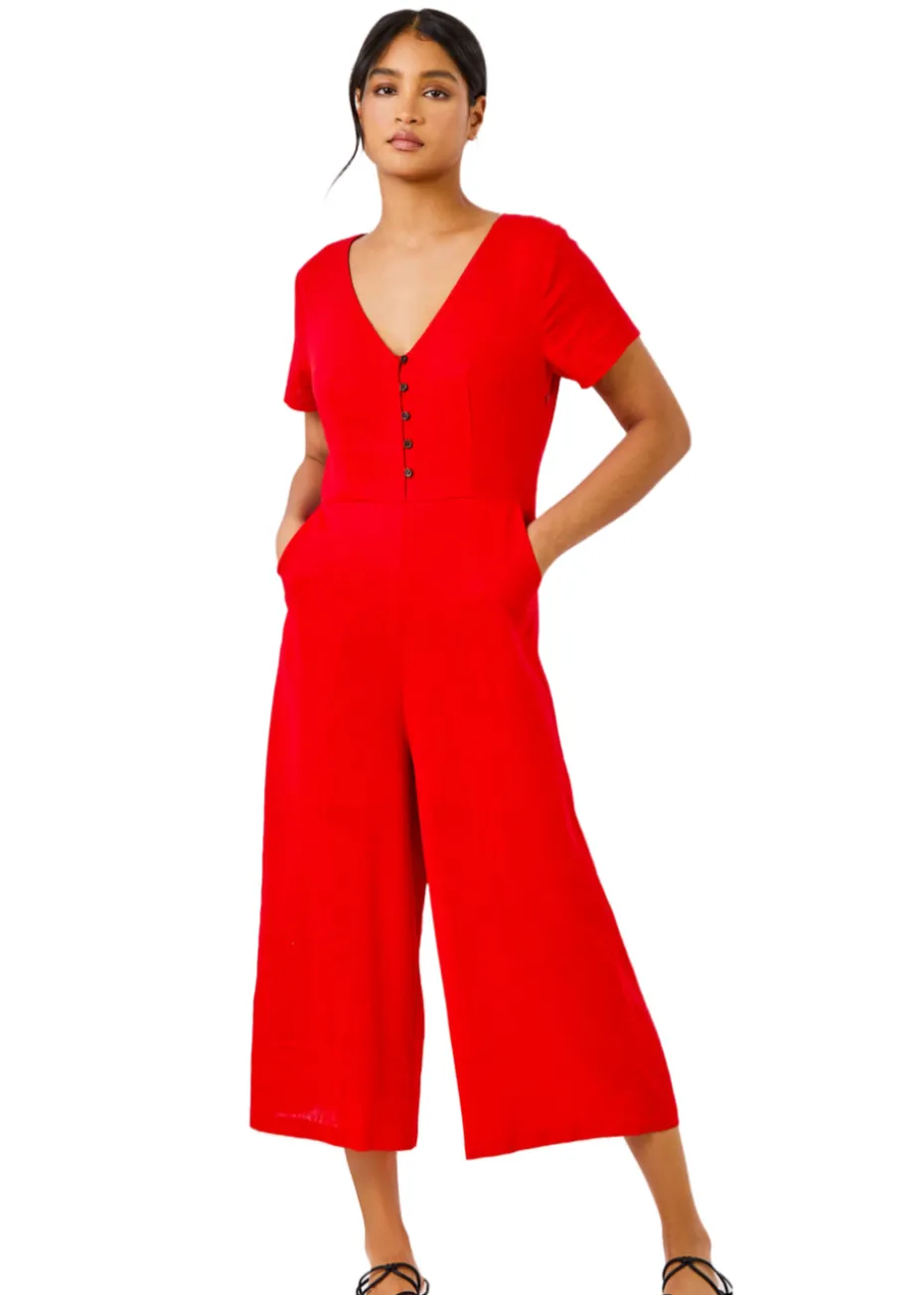 Roman Red Cotton Blend Culotte Jumpsuit