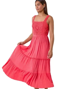 Roman Red Crochet Detail Cotton Blend Maxi Dress