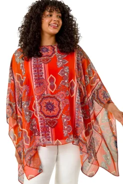 Roman Red Curve Ikat Paisley Asymmetric Overlay Top