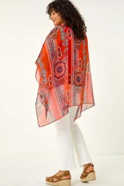 Roman Red Curve Ikat Paisley Asymmetric Overlay Top