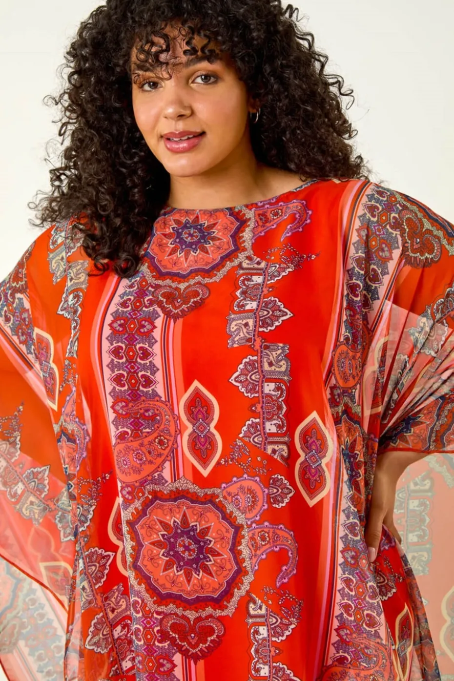 Roman Red Curve Ikat Paisley Asymmetric Overlay Top