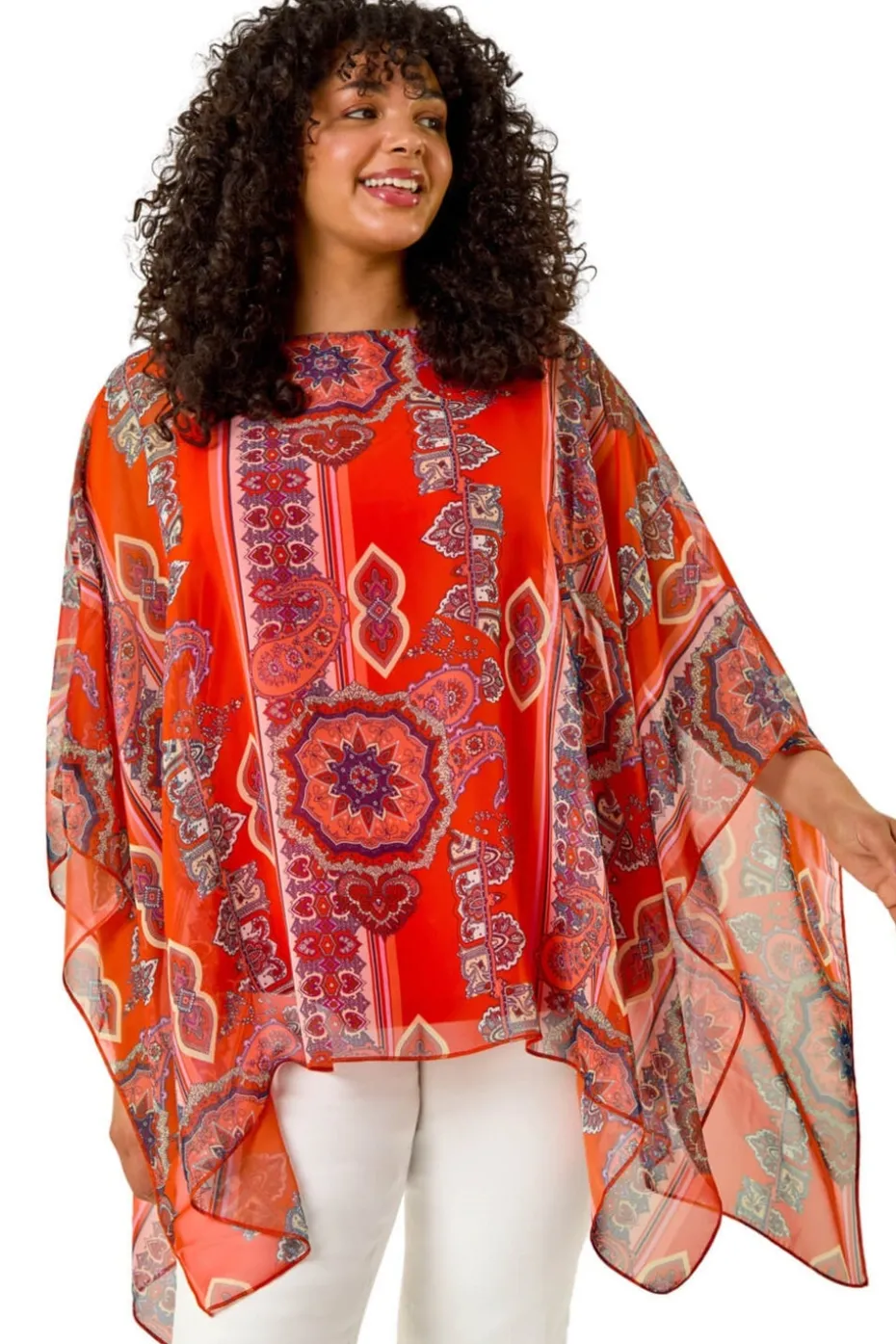 Roman Red Curve Ikat Paisley Asymmetric Overlay Top