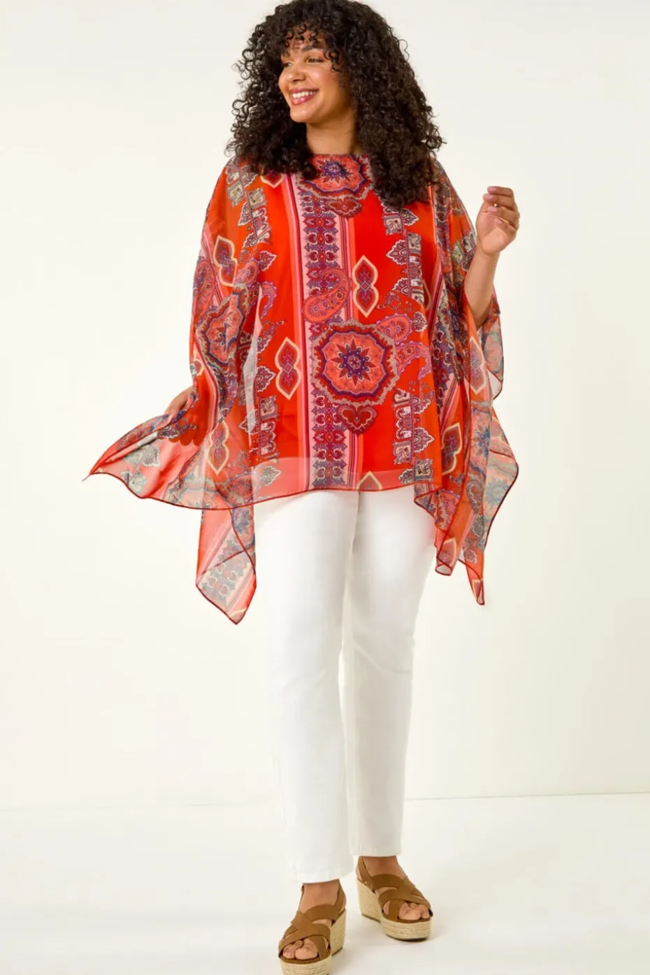 Roman Red Curve Ikat Paisley Asymmetric Overlay Top