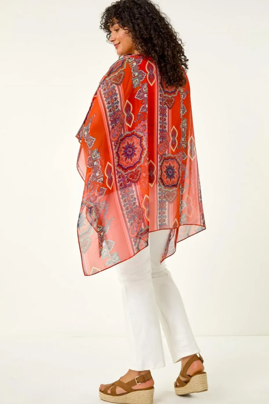 Roman Red Curve Ikat Paisley Asymmetric Overlay Top