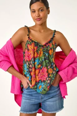 Roman Red Floral Printed Pom Pom Cami Top