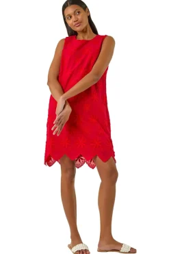 Roman Red Flower Embroidered Shift Dress