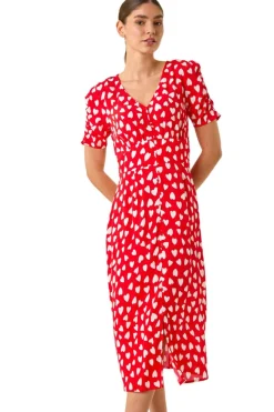 Roman Red Heart Print Ruched Midi Dress