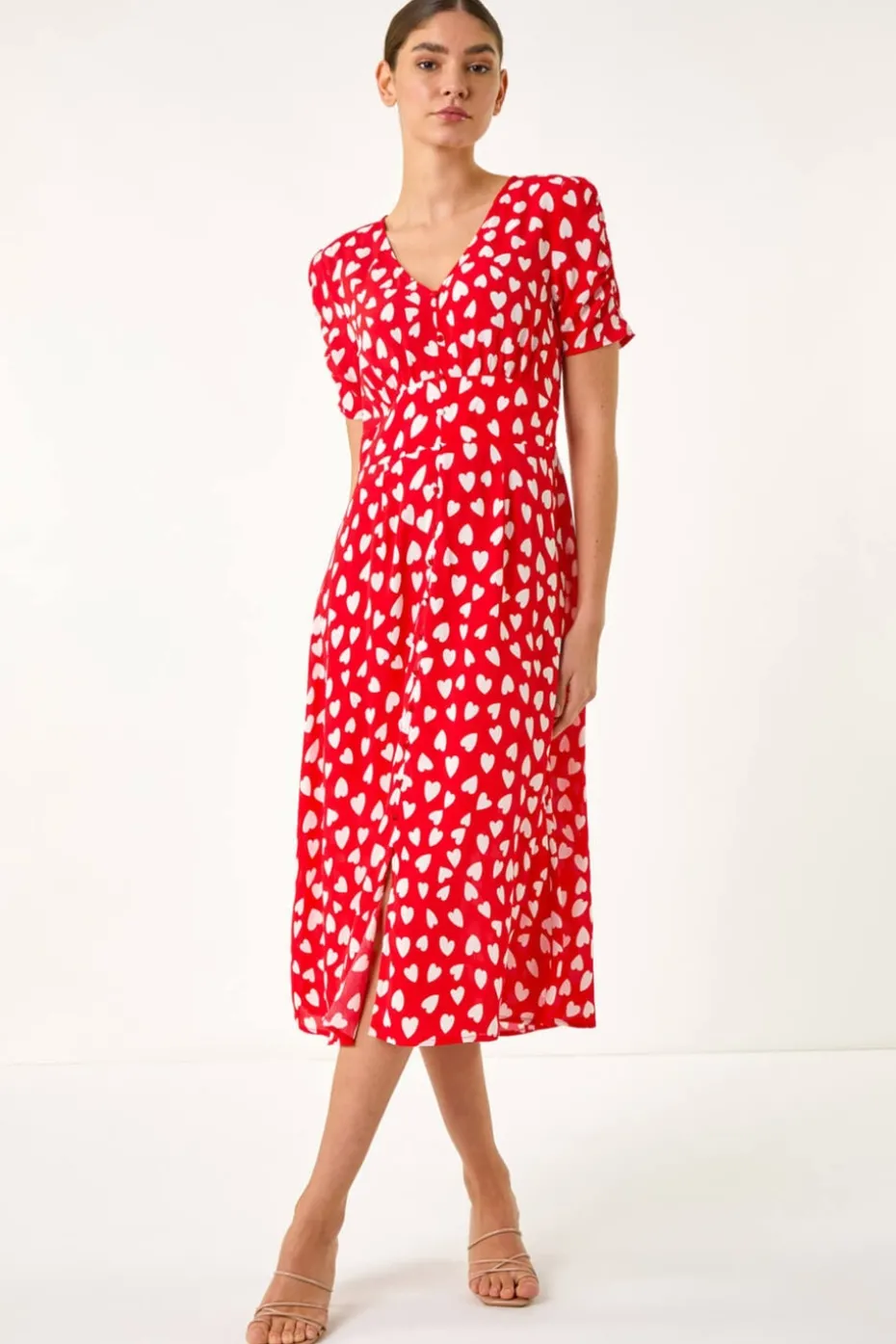 Roman Red Heart Print Ruched Midi Dress
