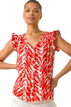 Roman Red Printed Frill Sleeve Button Blouse