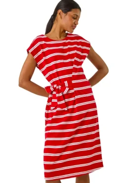 Roman Red Stripe Tie Side Stretch Midi Dress