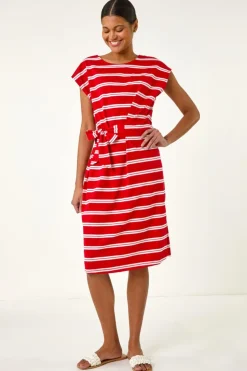 Roman Red Stripe Tie Side Stretch Midi Dress