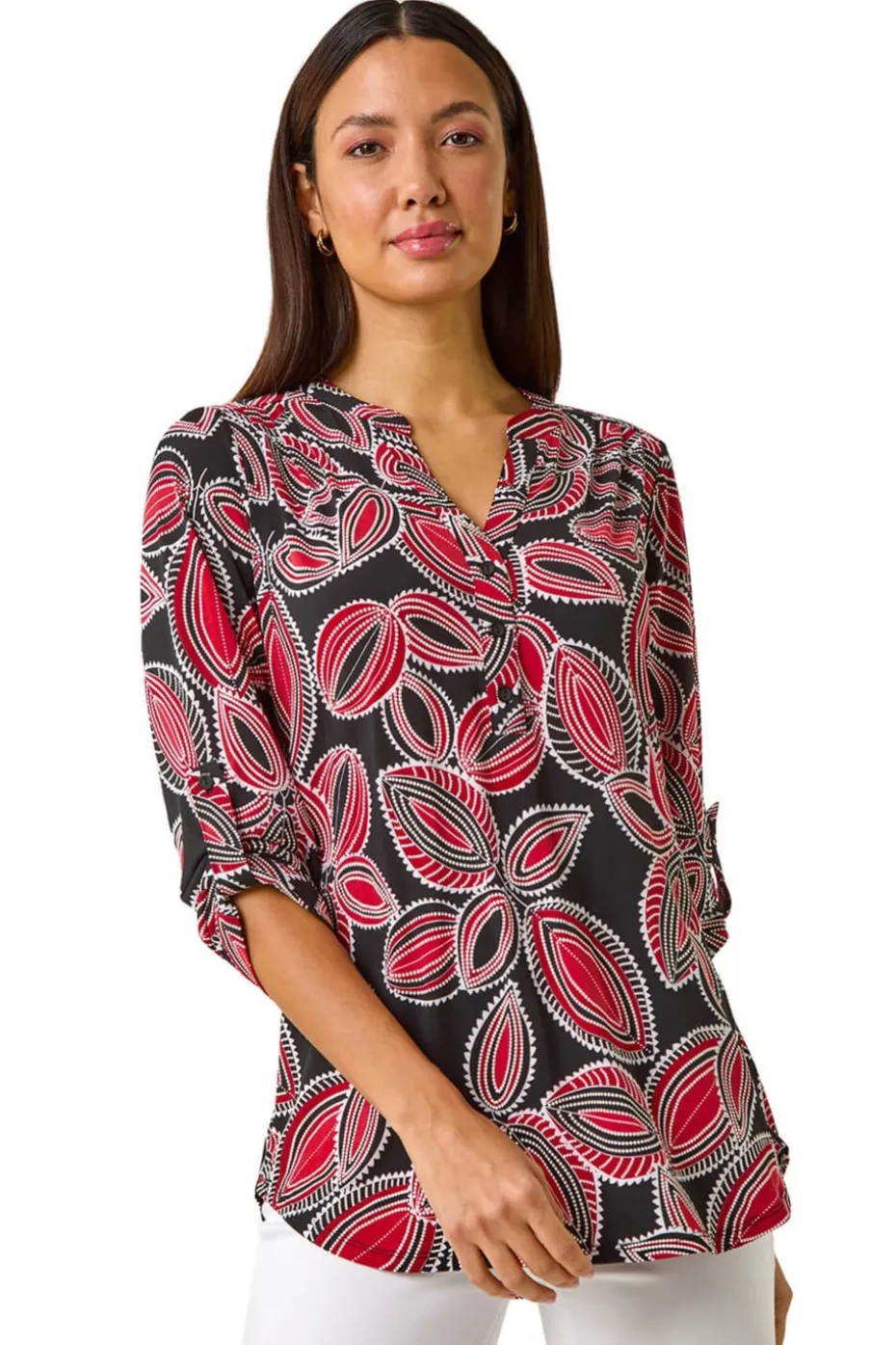 Roman Red Textured Leaf Print V-Neck Stretch Shirt