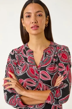Roman Red Textured Leaf Print V-Neck Stretch Shirt