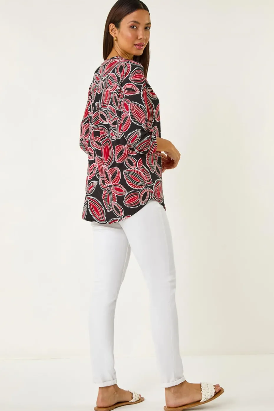 Roman Red Textured Leaf Print V-Neck Stretch Shirt