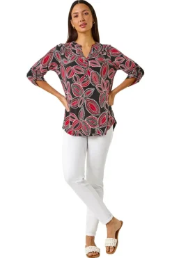 Roman Red Textured Leaf Print V-Neck Stretch Shirt