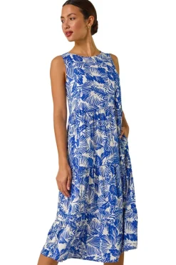 Roman Royal Blue Leaf Print Tiered Smock Midi Dress