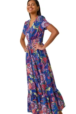 Roman Royal Blue Rose Print Button Detail Maxi Dress