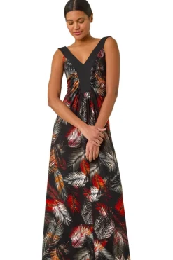 Roman Rust Palm Print Contrast Band Maxi Dress
