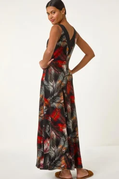 Roman Rust Palm Print Contrast Band Maxi Dress