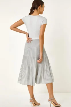 Roman Silver Shimmer Knit Pleated Dress