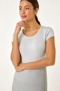Roman Silver Shimmer Knit Pleated Dress