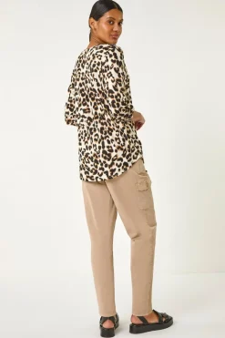 Roman Tan Animal Print Shoulder Pleat Shirt