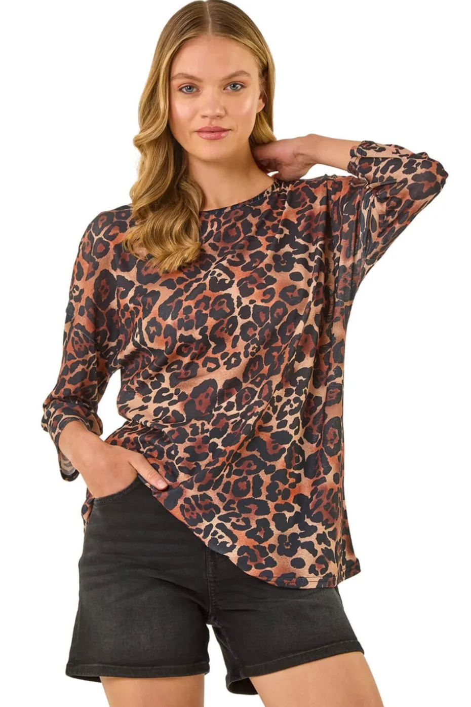 Roman Tan Animal Print Stretch Top