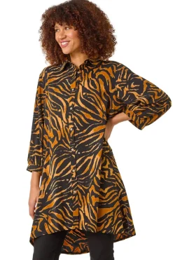 Roman Tan Animal Print V-Neck Longline Blouse