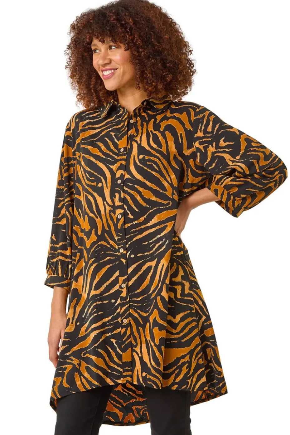 Roman Tan Animal Print V-Neck Longline Blouse