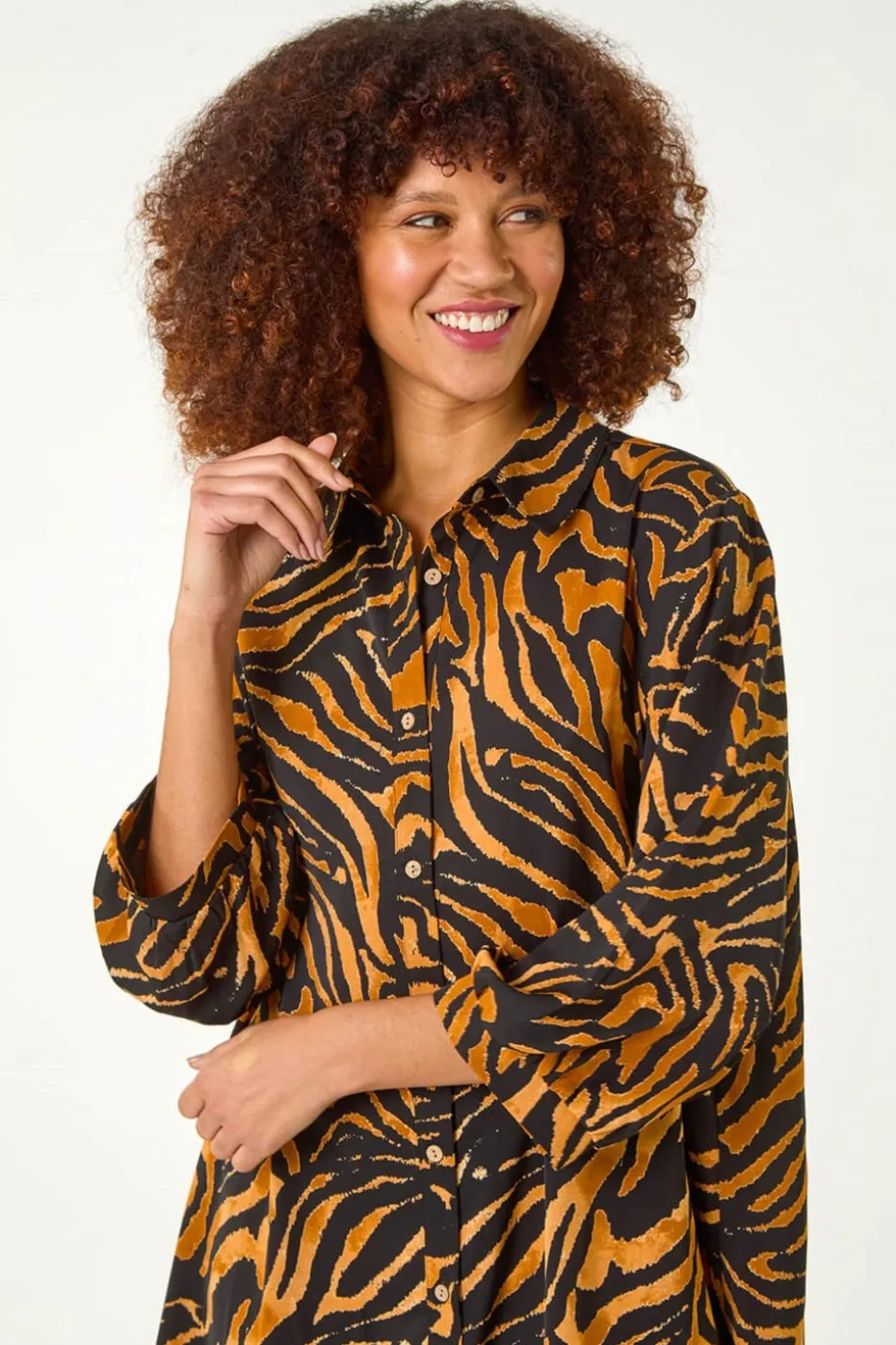 Roman Tan Animal Print V-Neck Longline Blouse