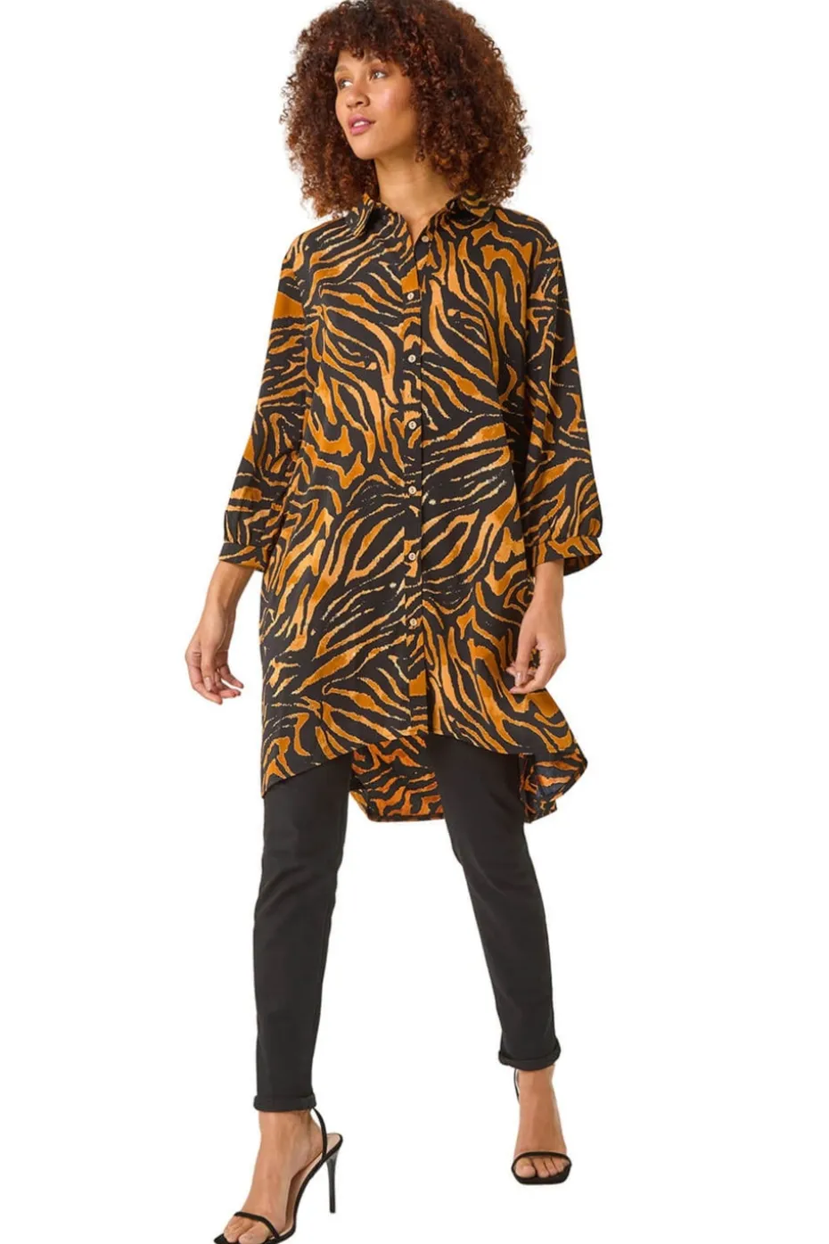 Roman Tan Animal Print V-Neck Longline Blouse