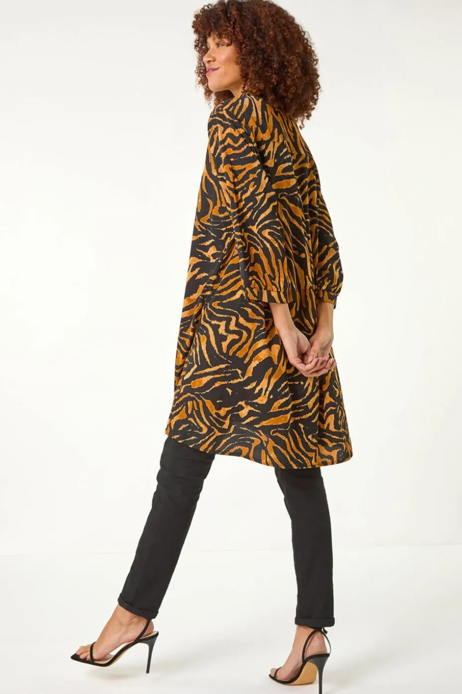 Roman Tan Animal Print V-Neck Longline Blouse