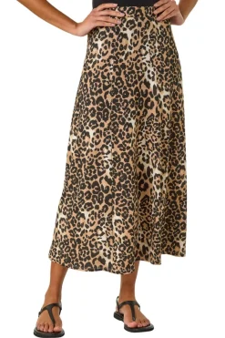 Roman Tan Leopard Print A Line Midi Skirt