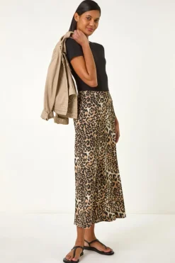 Roman Tan Leopard Print A Line Midi Skirt