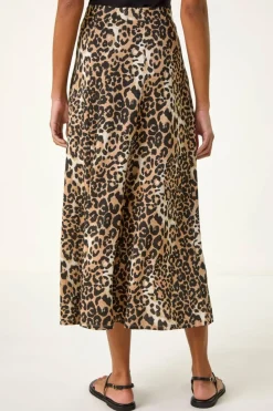 Roman Tan Leopard Print A Line Midi Skirt