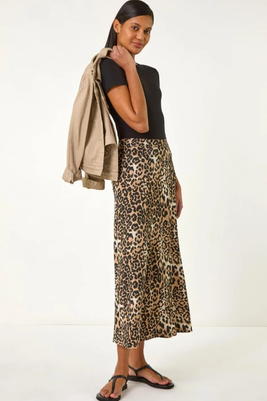 Roman Tan Leopard Print A Line Midi Skirt