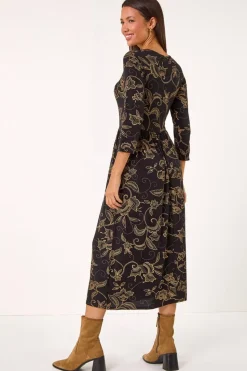 Roman Tan Paisley Pocket Stretch Midi Dress