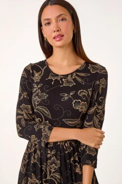 Roman Tan Paisley Pocket Stretch Midi Dress