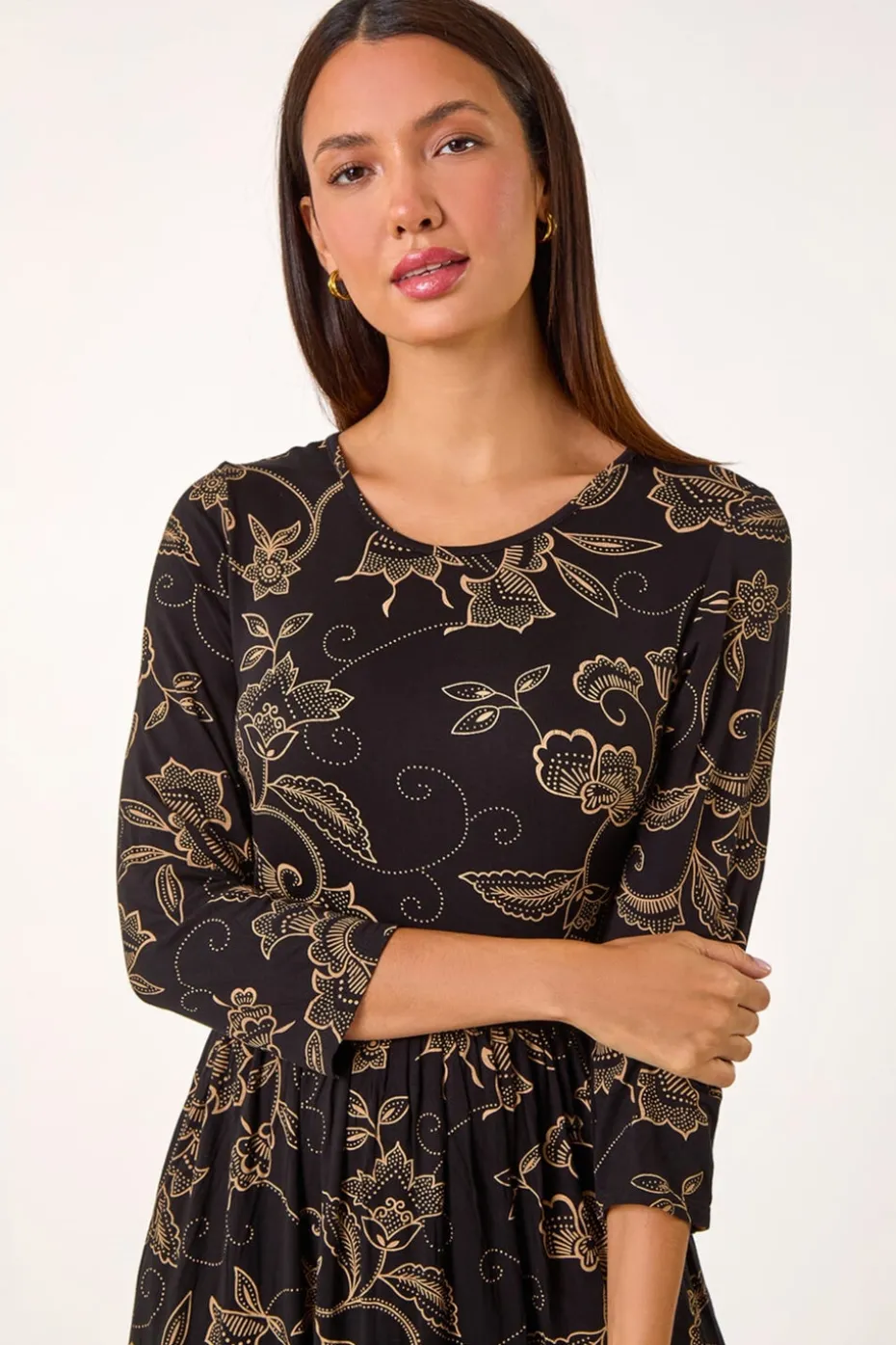 Roman Tan Paisley Pocket Stretch Midi Dress