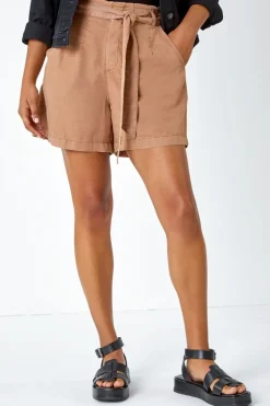 Roman Tan Relaxed Elastic Tie Waist Pocket Shorts