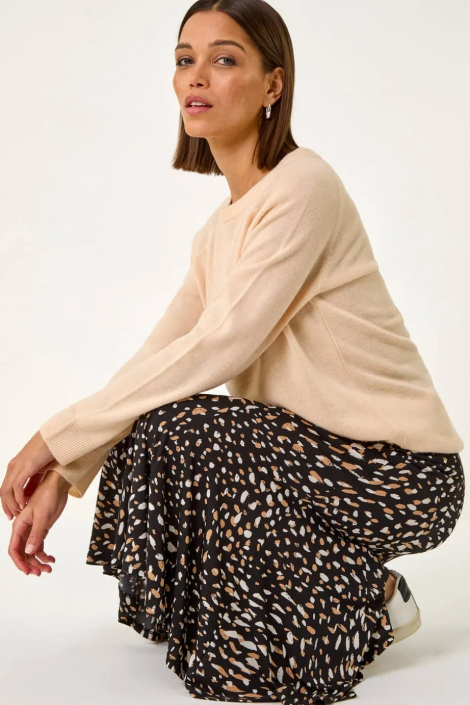 Roman Tan Speckled Print Asymmetric A-Line Skirt