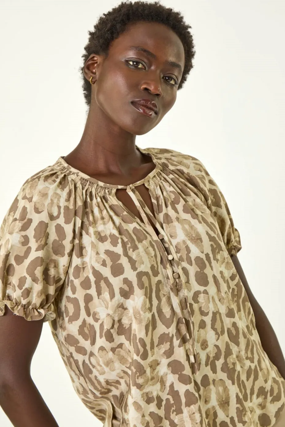 Roman Taupe Animal Print Tie Neck Top