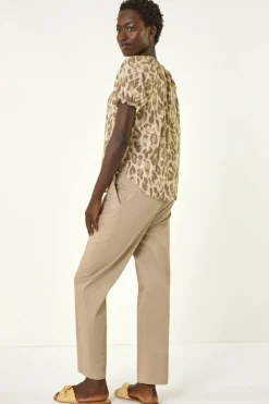 Roman Taupe Animal Print Tie Neck Top