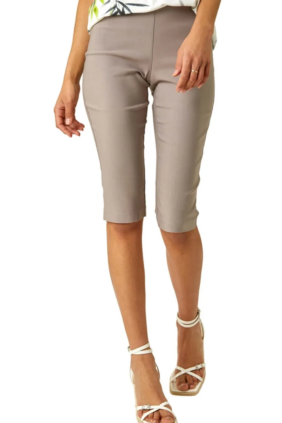 Roman Taupe Elastic Waist Knee Length Stretch Shorts